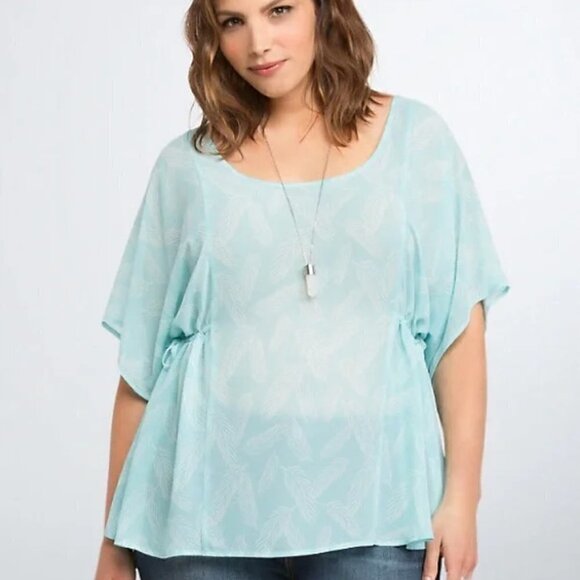 Torrid Light Blue Feather Chiffon Cinched Side Short Sleeve Blouse 2 - Picture 1 of 5